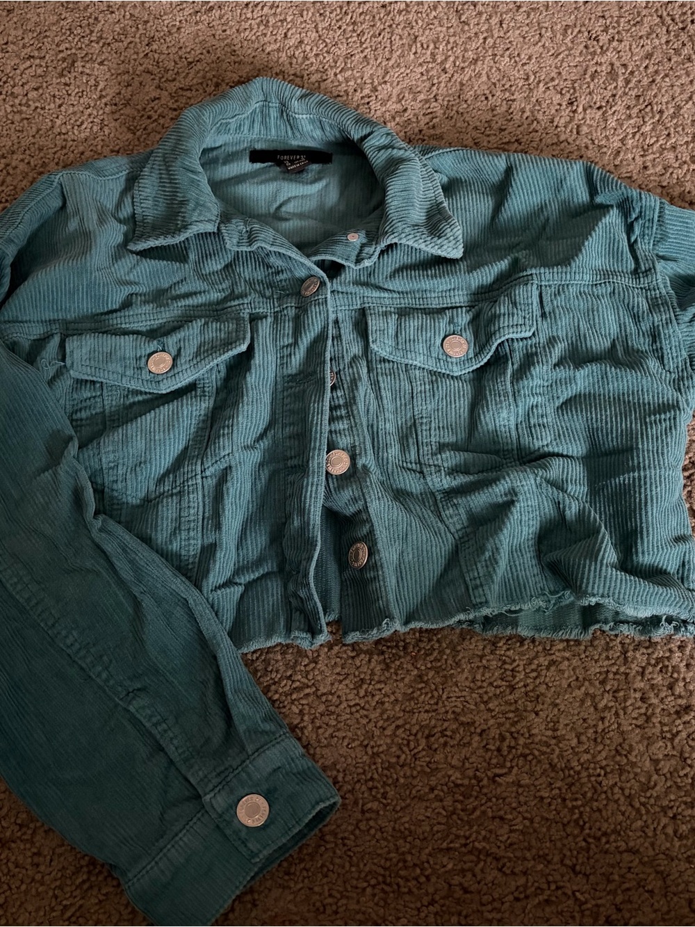Forever 21 Teal Cropped Corduroy Jean Jacket